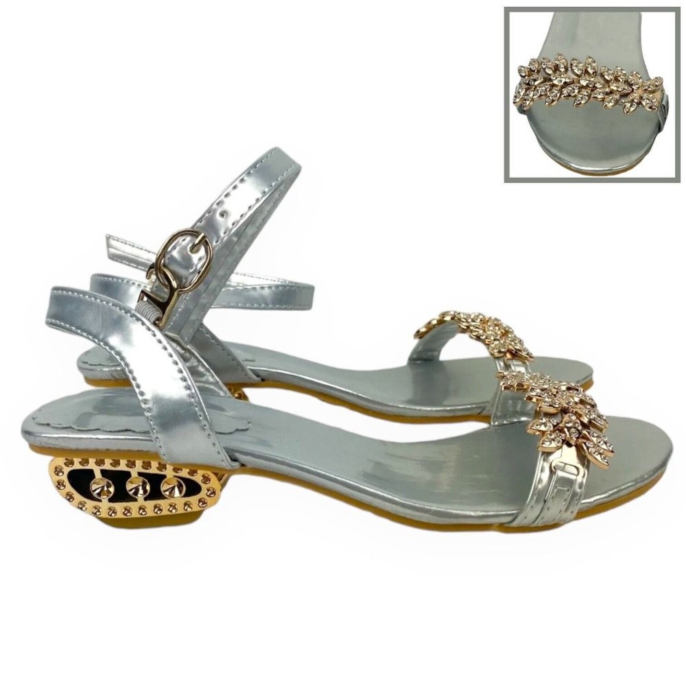 Jeweled Heel Sandal Ankle Strap Buckle Silver And Gold Womens Size 40 US 9.5